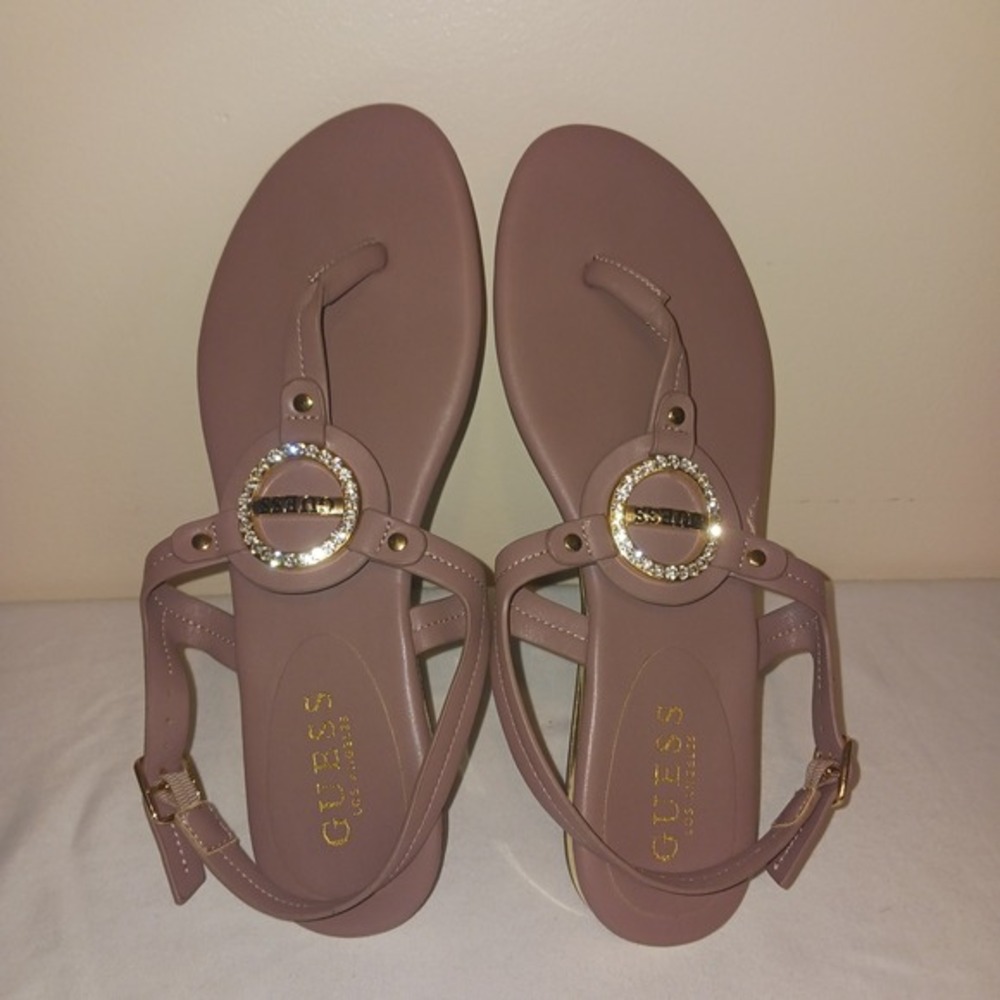Guess Katy Mauve Neutral Purple Pink‎ Rhinestone Logo Thong Slingback Sandals 8M